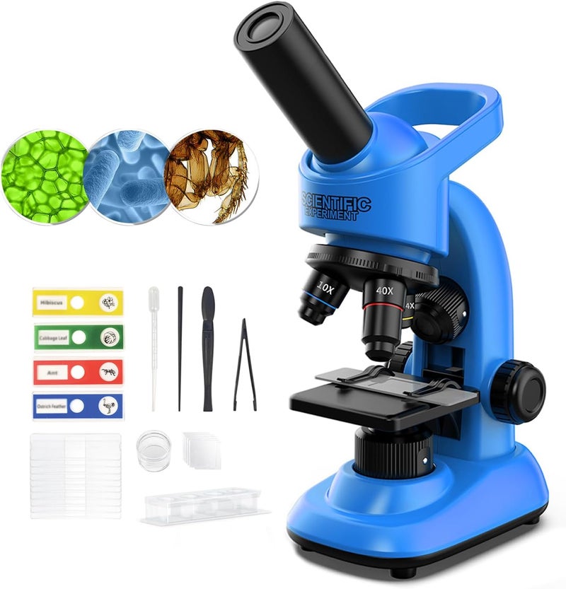WSDMIC Microscope for Kids Scientific Experiment Kit 40X-1600X Magnification LED Light Educational STEM Kit with Slides and Lab Tools (Blue) - Image 1